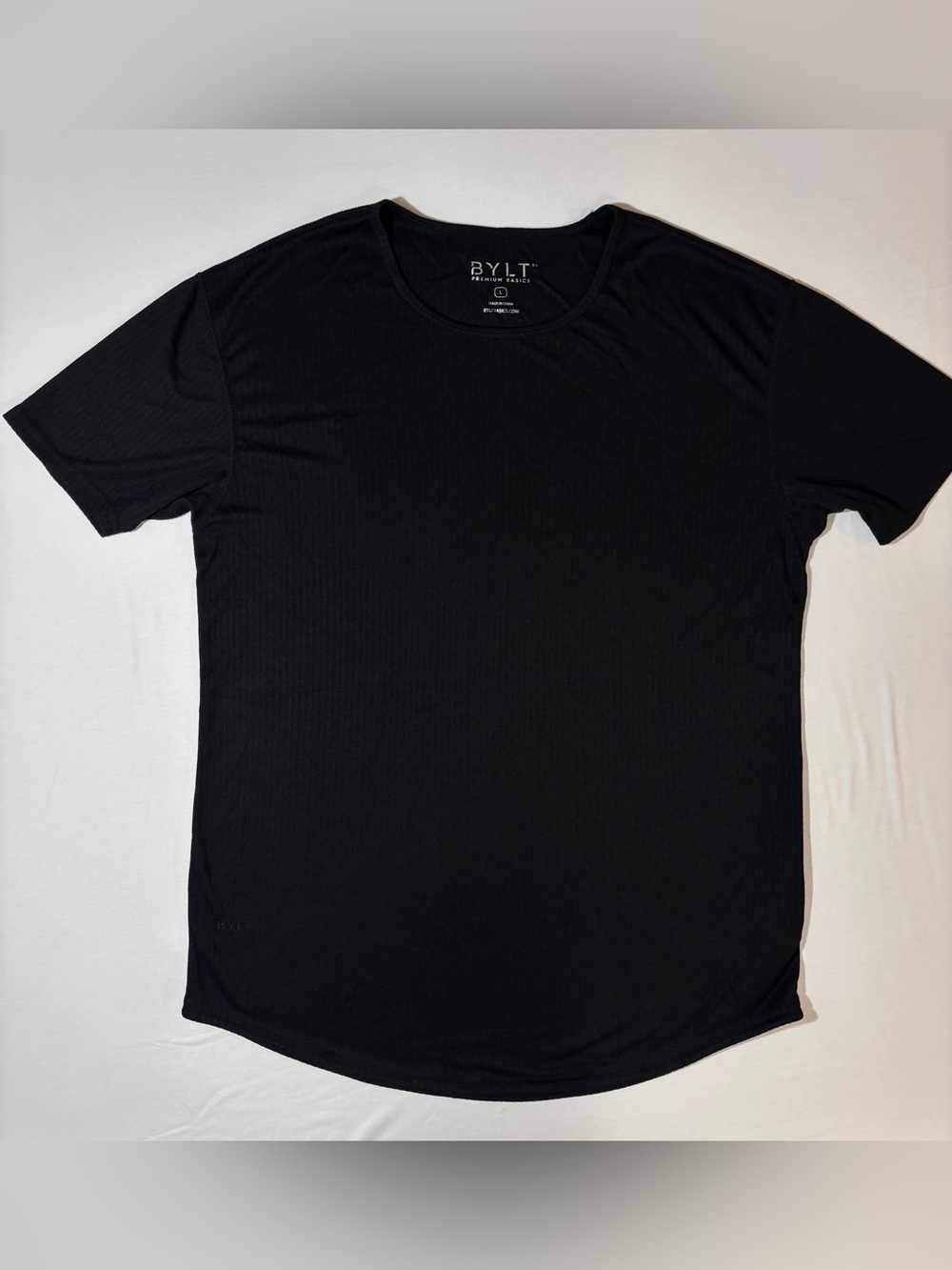BYLT Premium Basics Black Ribbed Curved Hem Performance T-Shirt Size Large